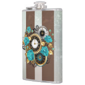 Flasques Steampunk Clock and Turquoise Roses on Striped (Gauche)