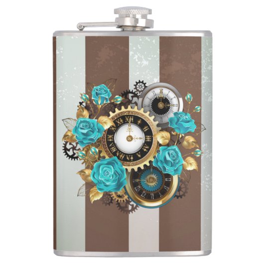 Flasques Steampunk Clock and Turquoise Roses on Striped (Devant)