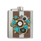 Flasques Steampunk Clock and Turquoise Roses on Striped (Devant)