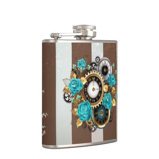 Flasques Steampunk Clock and Turquoise Roses on Striped (Droite)