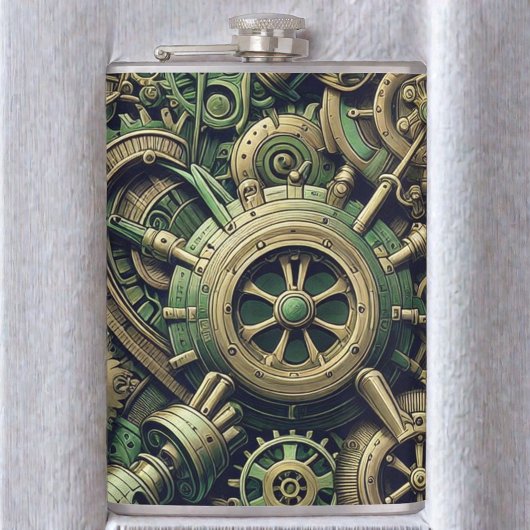 Flasques Steampunk Industrial Green Clocwork Gears