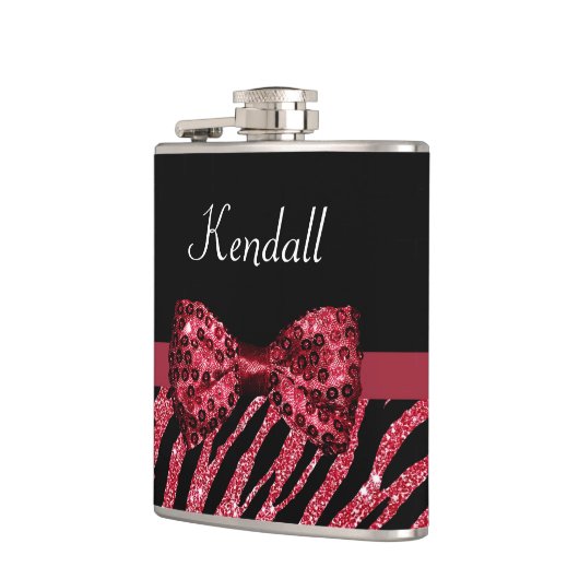 Flasques Style Red Zebra Print FAUX Glitz Bow avec nom (Gauche)