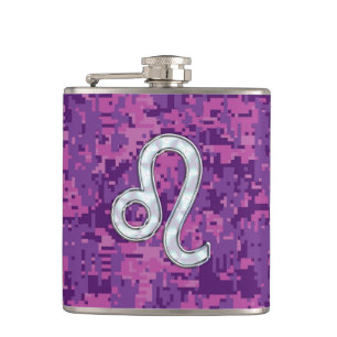 Flasques Symbole Leo Zodiac sur Camo numérique Fuchsia rose