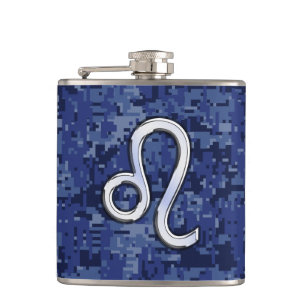 Flasques Symbole Leo Zodiac sur la Camo numérique bleu mari