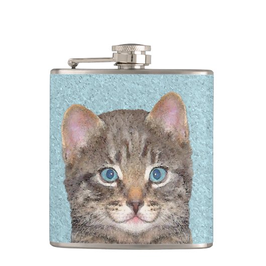 Flasques Tabby Gris Peinture Chat - Cute Original Art Chat (Devant)