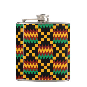Flasques Tissu Kente noir, vert, rouge et jaune