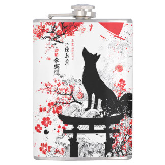 Flasques Traditional Red Black Japanese Kitsune Fox with Mo
