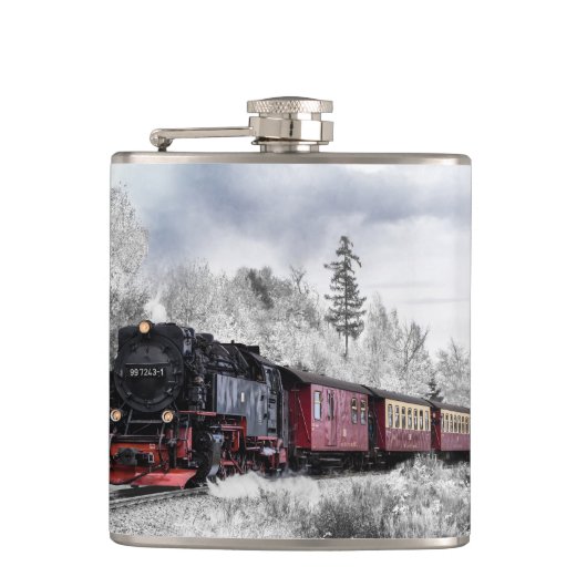 Flasques Train vintage traversant le paysage hivernal (Devant)