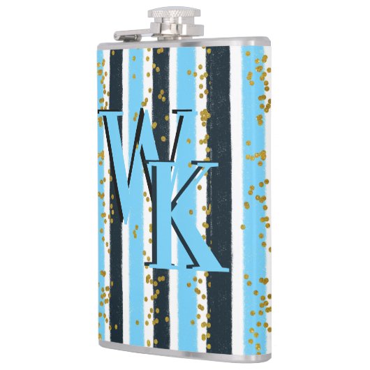 Flasques Trendy Blue Stripe Gold Parties scintillant Monogr (Gauche)