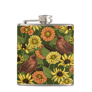 Flasques Troglodytes et fleurs sur fond vert