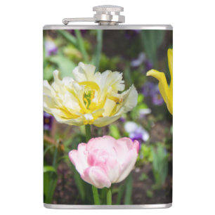 Flasques Tulipes blanches, roses et jaunes dans le jardin