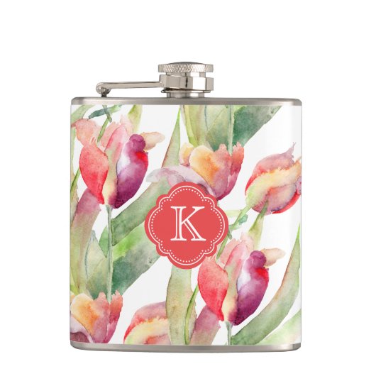 Flasques Tulipes d'aquarelle colorée avec Monogramme (Devant)