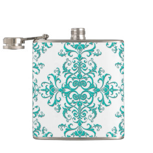 Flasques Turquoise Aqua et Blanc Fancy Floral Damassé