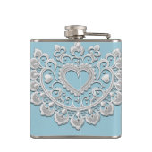 Flasques Turquoise Bleu Blanc Dentelle Cœur Mariage Nuptial (Dos)