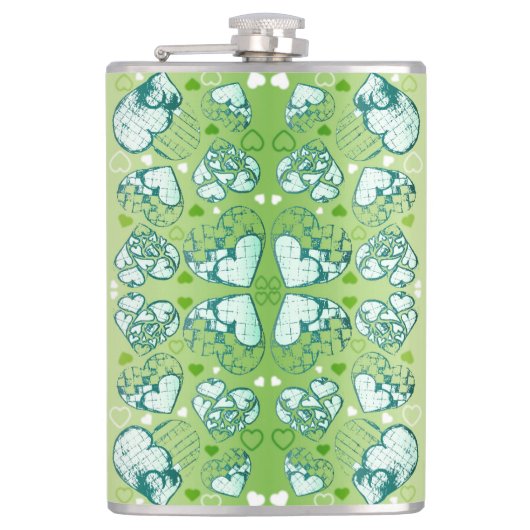 Flasques Vert et blanc Whimsical Romantique Coeurs motif (Devant)