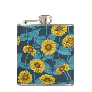 Flasques Zinnias jaune sur bleu foncé
