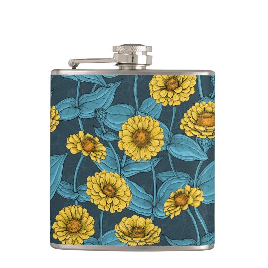 Flasques Zinnias jaune sur bleu foncé (Devant)
