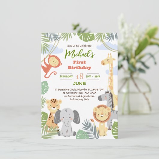 Flat 1e verjaardag uitnodiging met van schattige d (Staand voorkant)