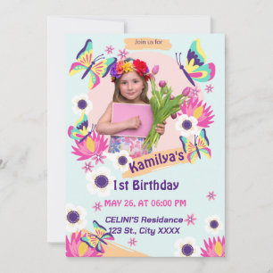 Flat Butterfly Birthday-uitnodiging met foto Kaart