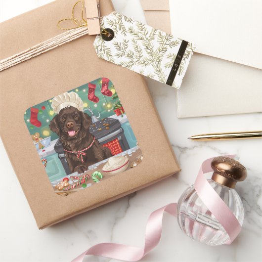 Flat-Coated Retriever Holiday Baking: Kerstmis Vierkante Sticker (Geschenken)