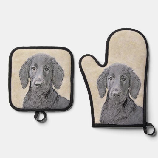 Flat-Coated Retriever Schilderij Zwart Huisdier Do Ovenwant & Pannenlap Set (Voorkant)