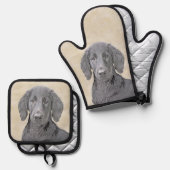 Flat-Coated Retriever Schilderij Zwart Huisdier Do Ovenwant & Pannenlap Set (Voorkant / Achterkant)