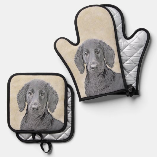 Flat-Coated Retriever Schilderij Zwart Huisdier Do Ovenwant & Pannenlap Set (Voorkant / Achterkant)