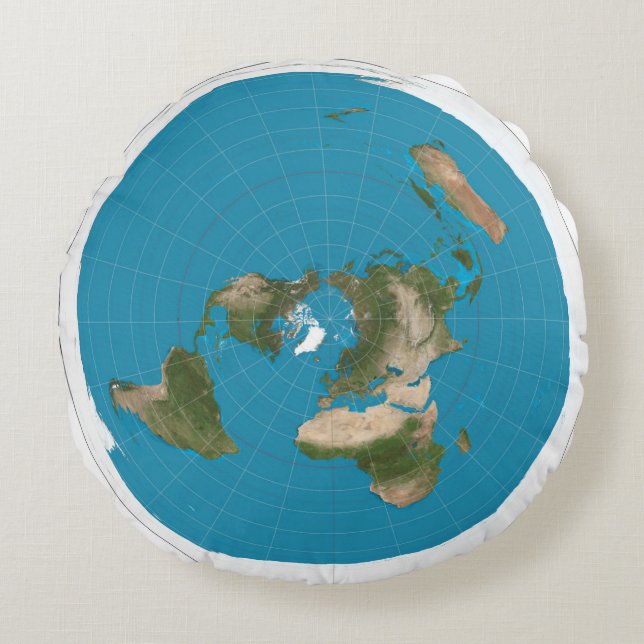 Flat Earth Azimuthal Projection Map rondreis Rond Kussen (Voorkant)