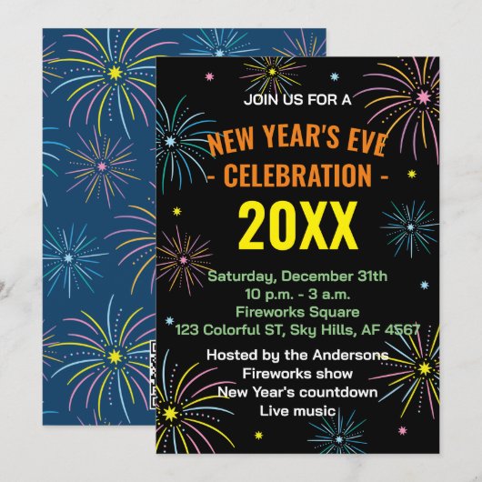 Flat Kleurrijke Oudejaarsavond Uitnodiging (Voorkant / Achterkant)