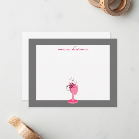Flat Notecard - Roze en zwarte fascinator Notitiekaartje (Voorkant / Achterkant in situ)