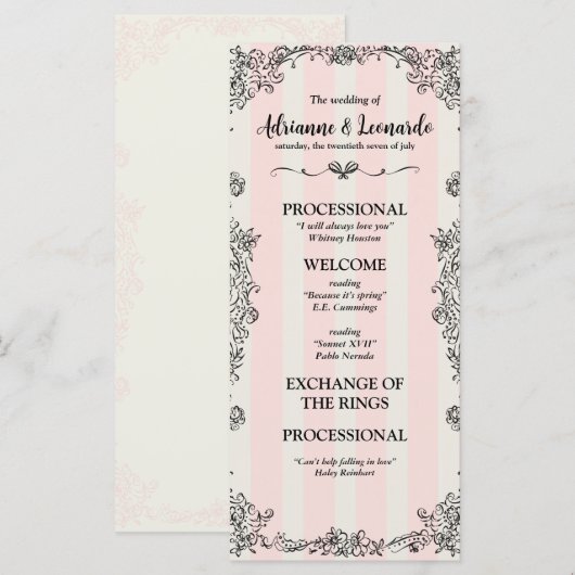 Flat Paris Chic  Roze Strepen Wedding Programma (Voorkant / Achterkant)