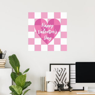 Flat Pink Heart Check Happy Valentine's Day Poster