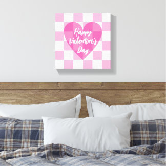 Flat Pink Heart Checkered Happy Valentine's Day Canvas Afdruk