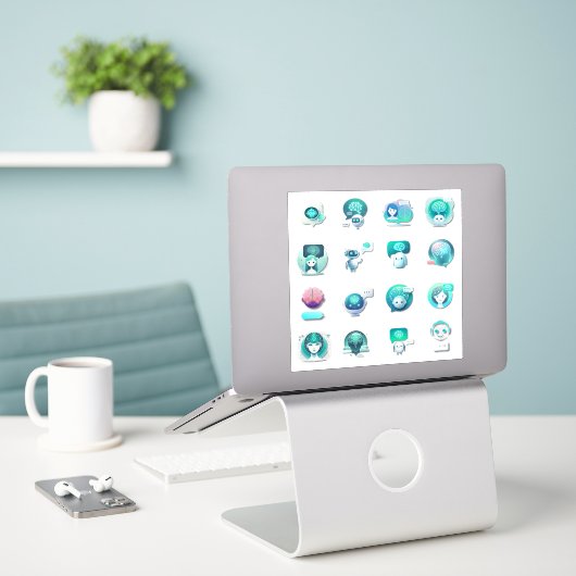Flat Vector Collage of AI Assistant Illustrations Sticker (Laptop op bureau)