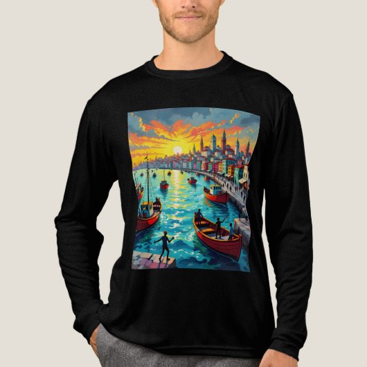 flat waves, crowds, boats, city Tri-Blend shirt (Voorkant volledig)