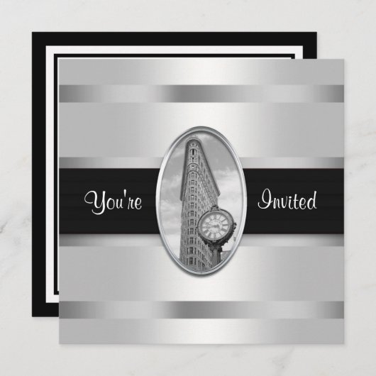 Flatiron Building White Silver BW Party Invitation (Devant / Derrière)