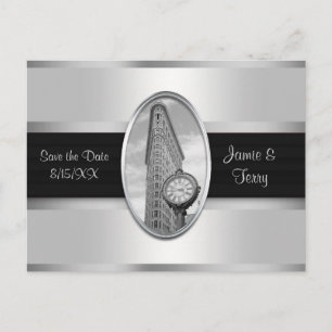 Flatiron Building Wit Zilver BW Save the Date Aankondigingskaart