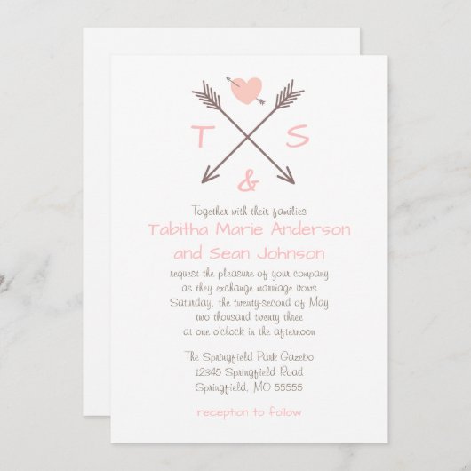 Flèches Coeur rose - Faire-part de mariage (Devant / Derrière)