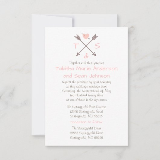 Flèches Cœur Rose - Invitation Mariage & Réception (Devant)