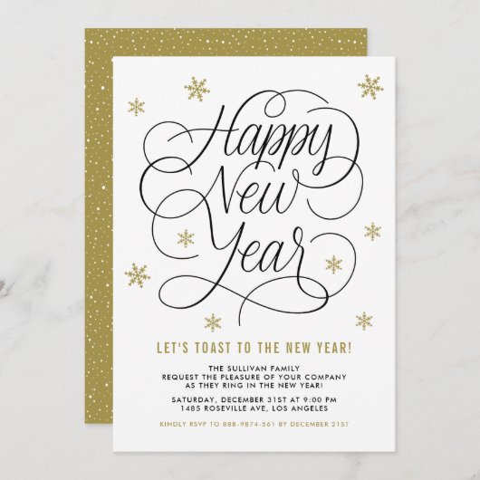 Flèches de neige en or | Invitation du réveillon d (Devant / Derrière)