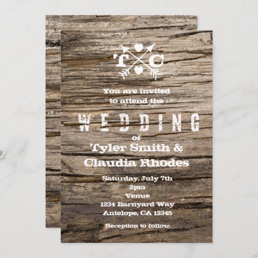 Flèches rustiques en bois et Faire-part de mariage (Devant / Derrière)