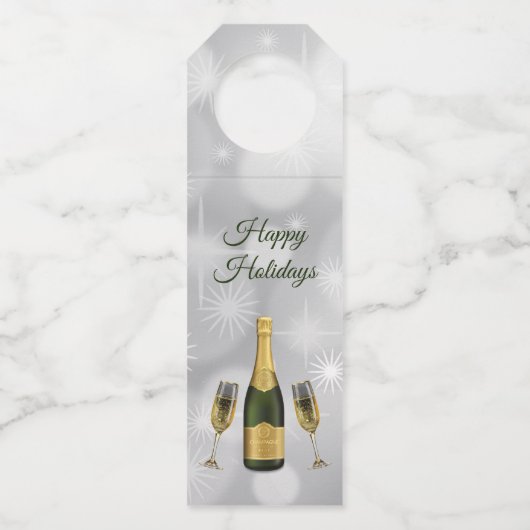 Fles champagne en glazen flessenhanger (Achterkant)