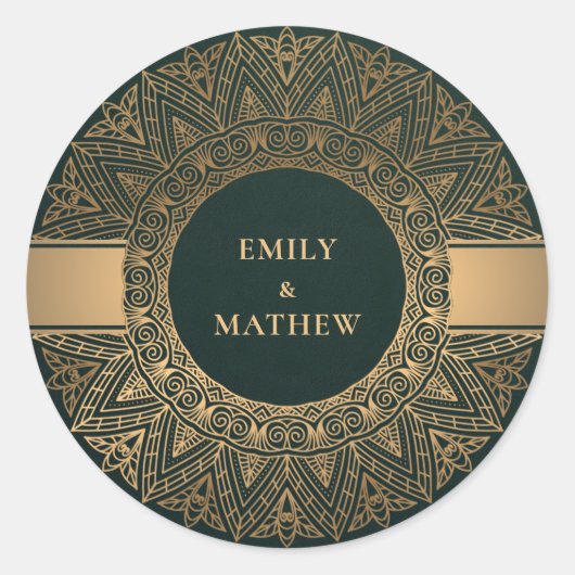 FLES GREEN GOLD CLASSIC  MANDALA WEDING RONDE STICKER (Voorkant)