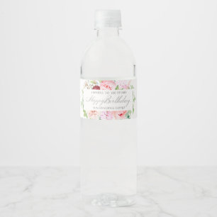 Fles roze bloemen voor 100ste verpartij waterfles etiket