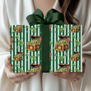 Flesgroene gestreepte schatkist St.Patrick's Day Cadeaupapier