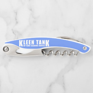 Flesopener blauw met witte letters kurkentrekker