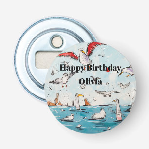 Flesopener met vogelthema meeuw magneet button flesopener