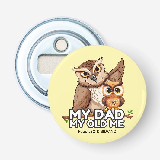 Flesopener: Mijn vader Mijn oude ik (geel) Button Flesopener (Voorkant)