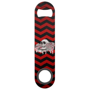 Flesopener schedel Rozen gothic Chevron rood en zw Speed Flessenopener