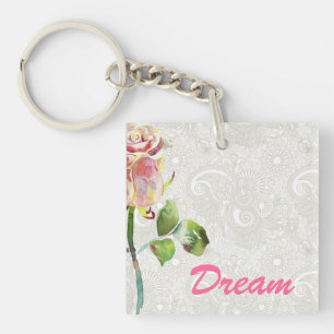 flessenpatroon met roze Waterverf Roos Sleutelhanger